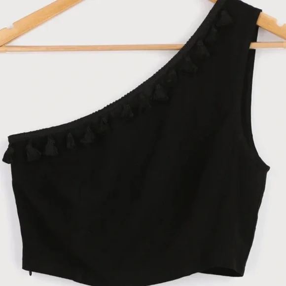 Linen Blend One Shoulder Tassel Crop Top & Wide-Leg Pants Set - Like New - Picture 12 of 17